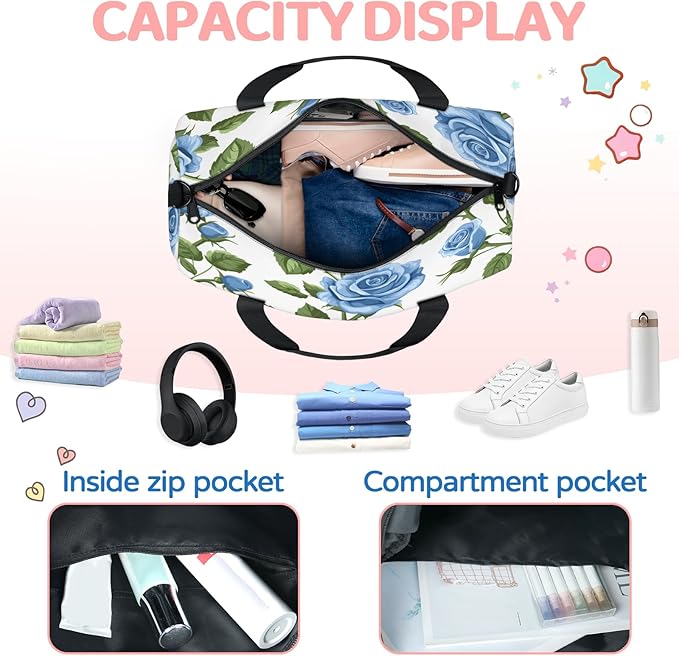 Blue Roses Travel Duffle Bag for Women Men, Overnight Weekender Bag, Carry on Tote for Sport Gym