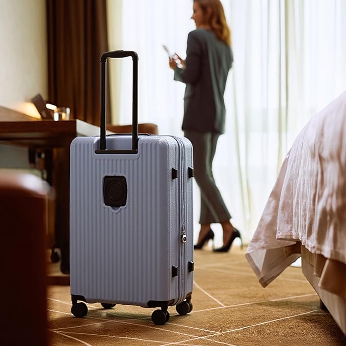 26 Inch Top Opening Expandable Checked Travel Luggage with Spinner Wheels,All PC Hard Shell Hardside Lightweight Medium Suitcase with TSA Approved Cup Holder for Business Trips Woman Men,Blue