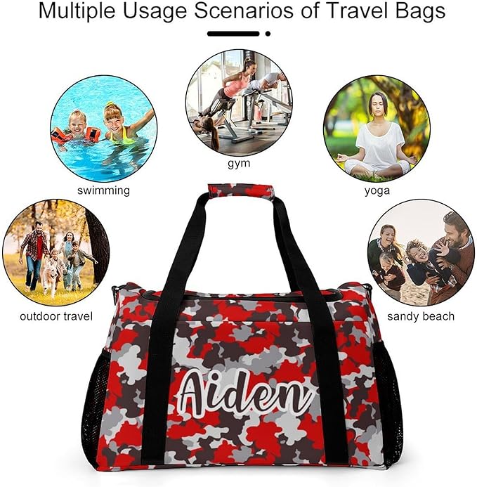 Personalized Red Camouflage Brown Camo Pattern Duffle Bag with Name for Women Man Custom Travel Perform Training Bag for Men Women Luggage Bag