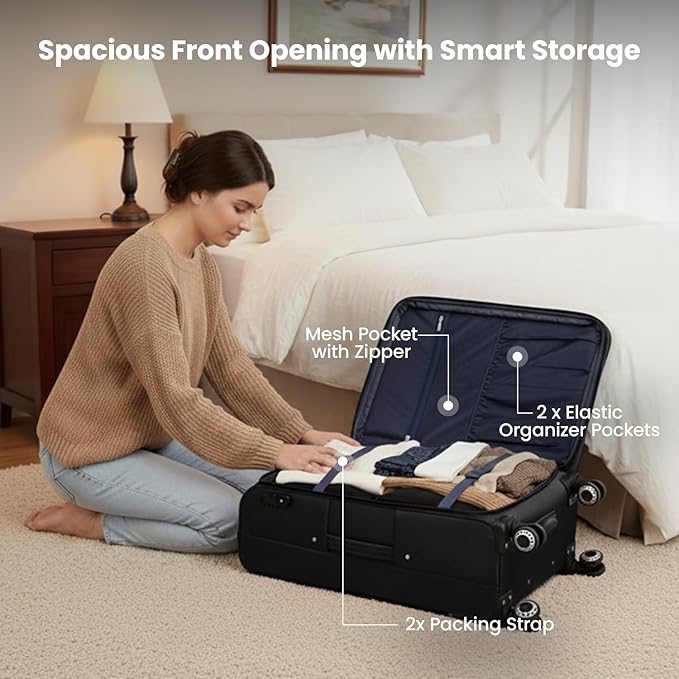 Softside Luggage Sets 2 Piece,Expandable15% Lightweight Durable Suitcase Sets Double Spinner Wheels & w/Combination LOCK（Black,20in/30in）