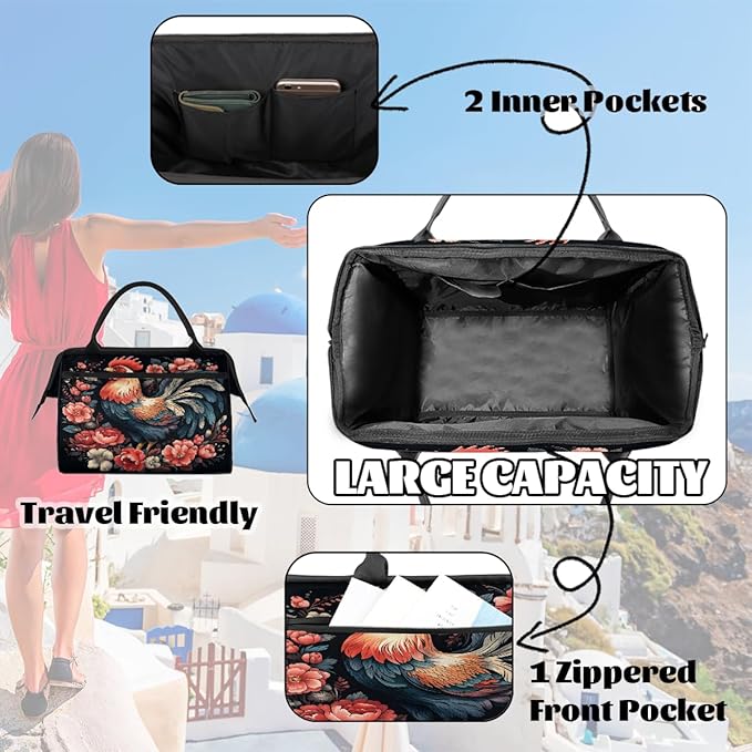 Multipurpose Duffle Bag, Waterproof Carry On Bag with Spacious Design, Rooster Chicken Floral Gym Bags, 15.2x8.3x11.6in