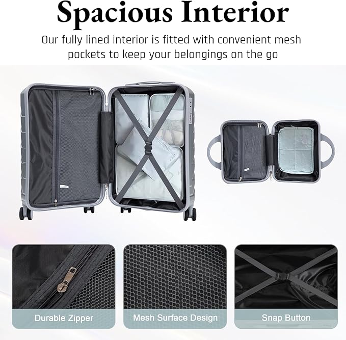 2-Piece ABS Hard Shell Lightweight Carry-On Luggage Set (14" & 20"), 360-Degree Spinner Wheels, Adjustable Telescopic Handle and Combination Lock for Travel, Silver