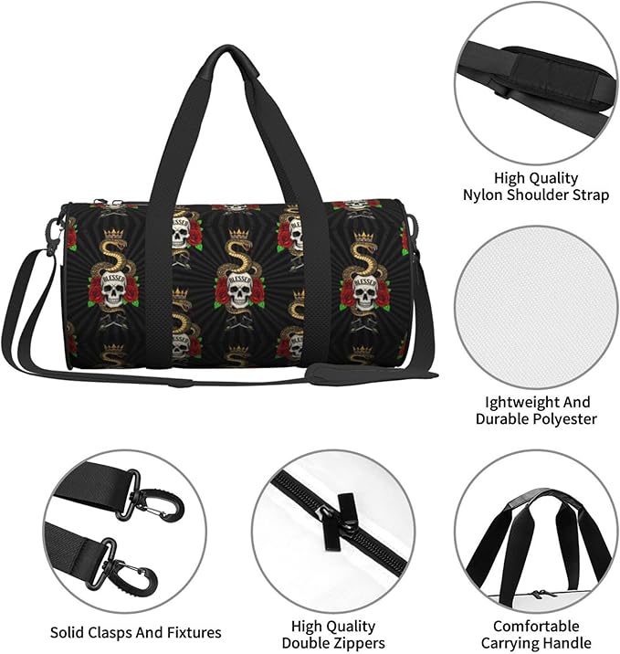 Round Duffel Sports Equipment Bags, Travel Gym Fitness Bag Colorful Tattoo Vintage Snake Skull King for Yoga Workout Swim