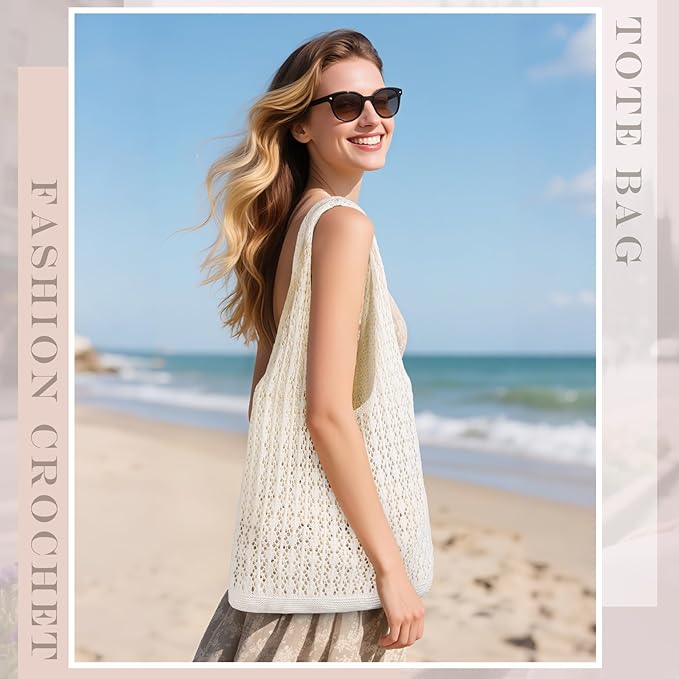 Sightor Crochet Tote Bag, Mesh Beach Bag Knit Summer Hobo Bag Vacation Boho Tote Bag for Women