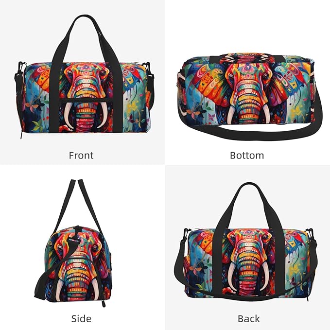 Sports Gym Bag Oil Painting Art Elephant Print Travel Duffel Bag With Shoe Compartment Shoulder Strap, Lightweight Water-Resistant Weekend Overnight Totes For Women Men