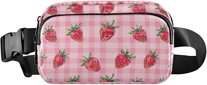 Pink Strawberry Plaid Fanny Pack for Women Men Water Resistant Fashion Waist Packs with Adjustable Strap Belt Bag for Travel Workout Jogging Hiking 21219326