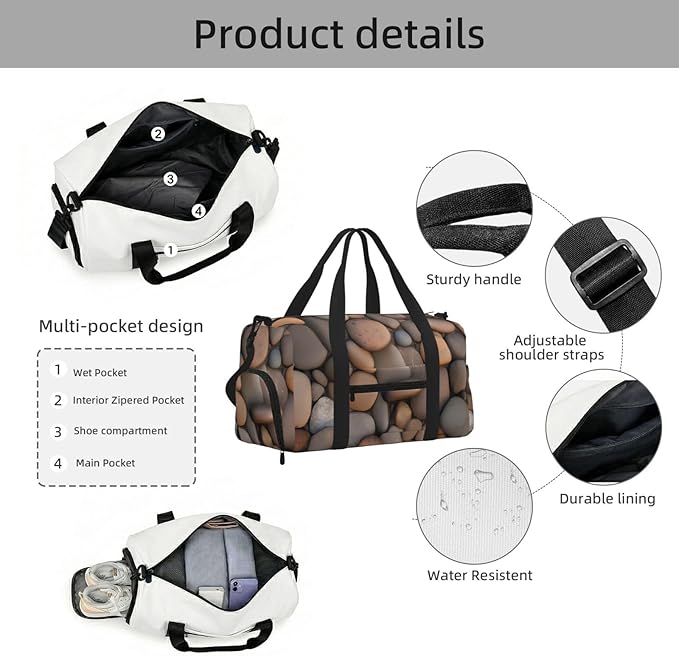 Pebbles in the beach Print Gym Bag with Shoe Compartment for Women Men, 17.7in Sports Duffle Weekender Tote, Overnight Travel Duffel Bag Carry On