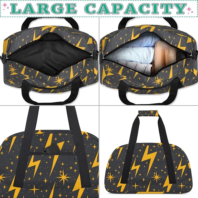Golden Lightning Gym Travel Duffle Bag for Women & Men with Front Zipper Pocket for Sports, Overnight, Weekender, Carry On,Workout & Dance Bag,Lightning,18.9 * 8.7 * 10.6 in