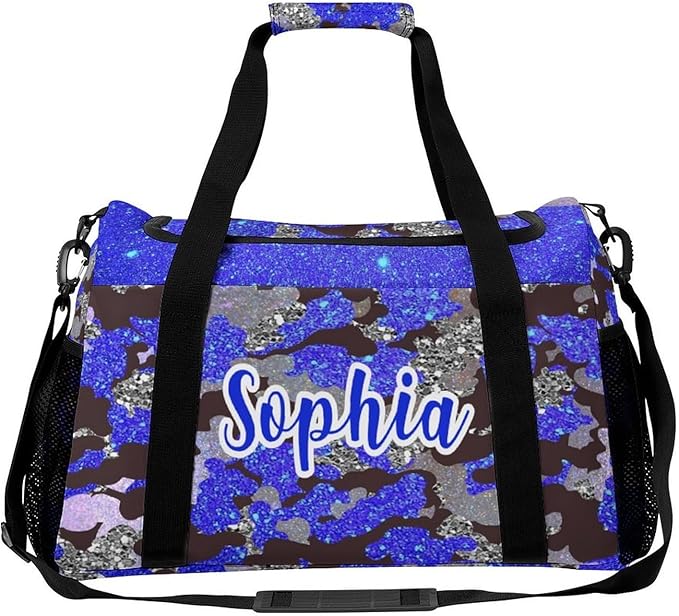 Personalized Sports Bag Name Duffel Bags with Adjustable Shoulder Strap Blue Navy Camouflage Bling Print Travel Bags Perform Training Weekender Bag
