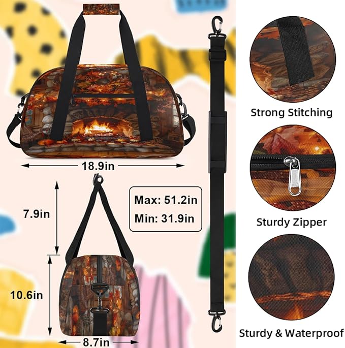 Travel Duffle Bag for travel duffle bag sports Girls Boys Kids Autumn Fall Fireplaces Lightweight Overnight Sleepover Weekender Bags Small Dance Gym Sport Bag Teens Carry-On Size Workout Bag