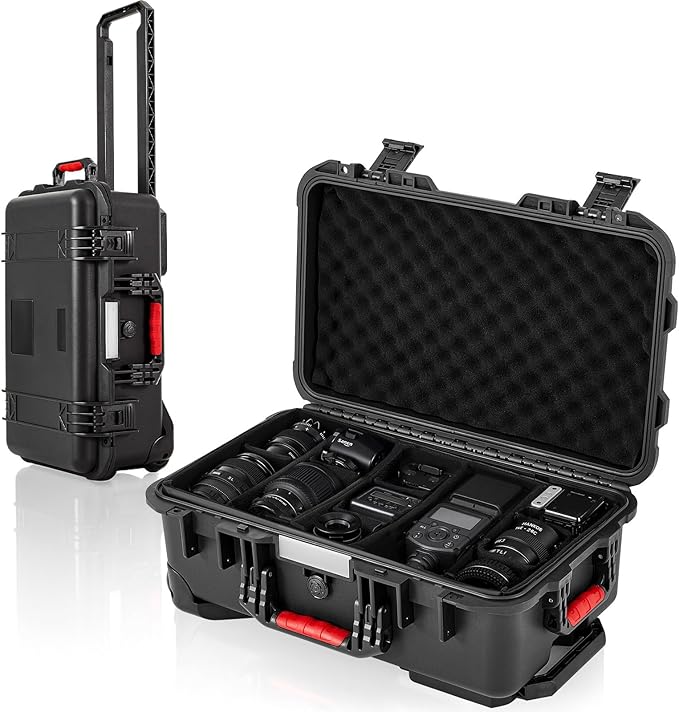 Waterproof Rolling Camera Hard Case 22x14x9 Inch, Impact-resistant Travel Case with Padded Dividers & Wheels for Cameras, Lenses & Accessories(Black)