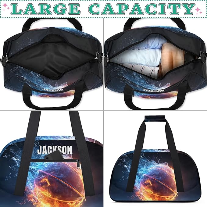 Custom Flame Basketball Gym Duffel for Kids Boys,Personalized Duffel Bag Overnight Bags for Travel Weekender Practice Sports