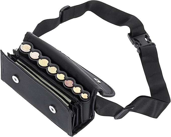 BSTKEY Euro Coin Holder Coin Dispenser, Fanny Pack with Banknote Waiters Purse Coin Sorter, PU Coin Organizer, Black Coin Storage Bag with Belt for Waitress Server Collector Cashier Change