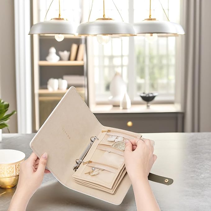 Vlando Jewelry Book Organizer - Leather Travel Jewelry Case with 5 Detachable Pages for Necklaces, Rings, Earrings, Tangle-Free, Giftable,Olive Green