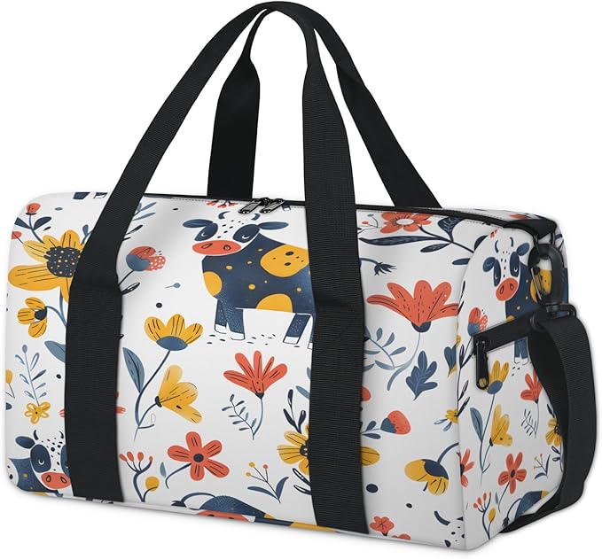 Cows Flower Travel Duffle Bag for Women Men, Overnight Weekender Bag, Carry on Tote for Sport Gym