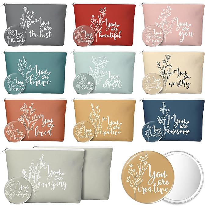 20 Pcs Employee Appreciation Gifts For Women Inspirational Canvas Makeup Bags Portable Compact Mirror Bulk Cosmetic Bags Thank You Gifts for Social Worker Coworkers (Botanical,Vintage)