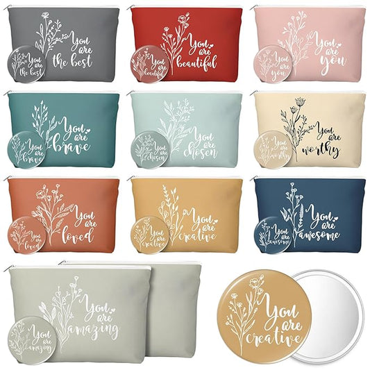 20 Pcs Employee Appreciation Gifts For Women Inspirational Canvas Makeup Bags Portable Compact Mirror Bulk Cosmetic Bags Thank You Gifts for Social Worker Coworkers (Botanical,Vintage)