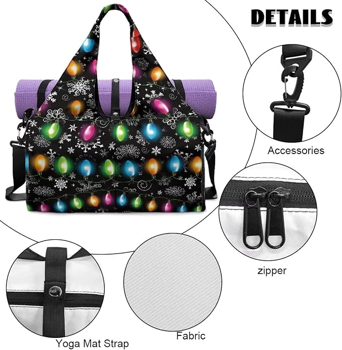 Christmas Colorful Lights Womens Gym Tote Duffle Bag with Shoe Compartment Lightweight Carry On Bag for Beach Swim Sports Overnight Weekender Hospital Bags Gifts for Christmas