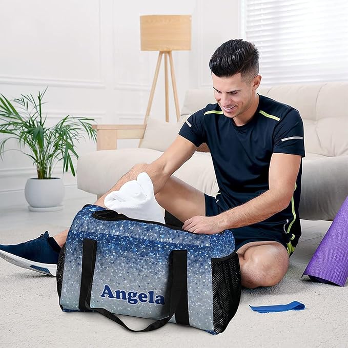 Blue Sparkly Print Custom Sports Bag Names for Adult Personalized Name Duffle Gym Bag Travel Weekender Lightweight Bags