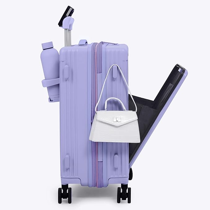 Nobl Travel Carry On Expandable Luggage, Noble Aluminum Frame PC Hard Shell Suitcase, 22.5”x14.2”x9.8” Airline Approved, 360° Spinner Wheels, TSA Locks, USB Charging, Cup & Phone Holder - Lavender