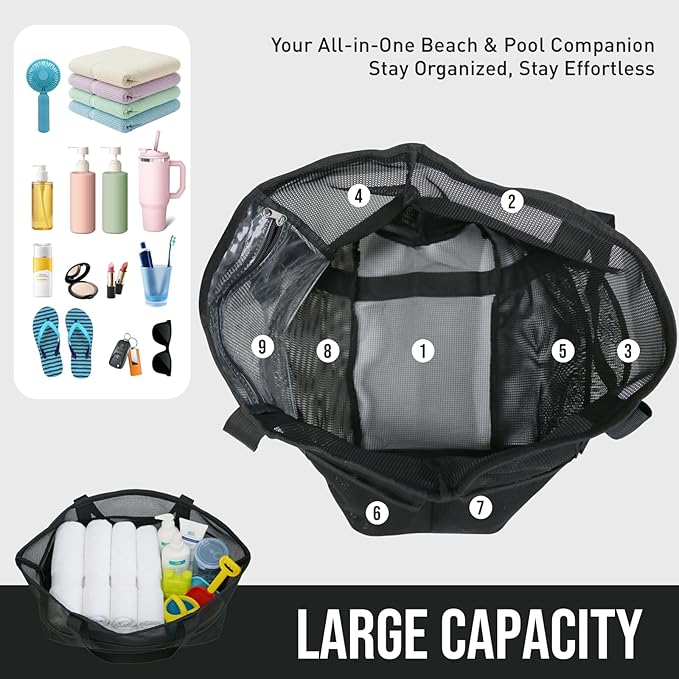 Large Mesh Beach Tote Bag, 9-Pocket Foldable Summer Vacation Beach Bag for Travel, Pool, Gym, Cruise