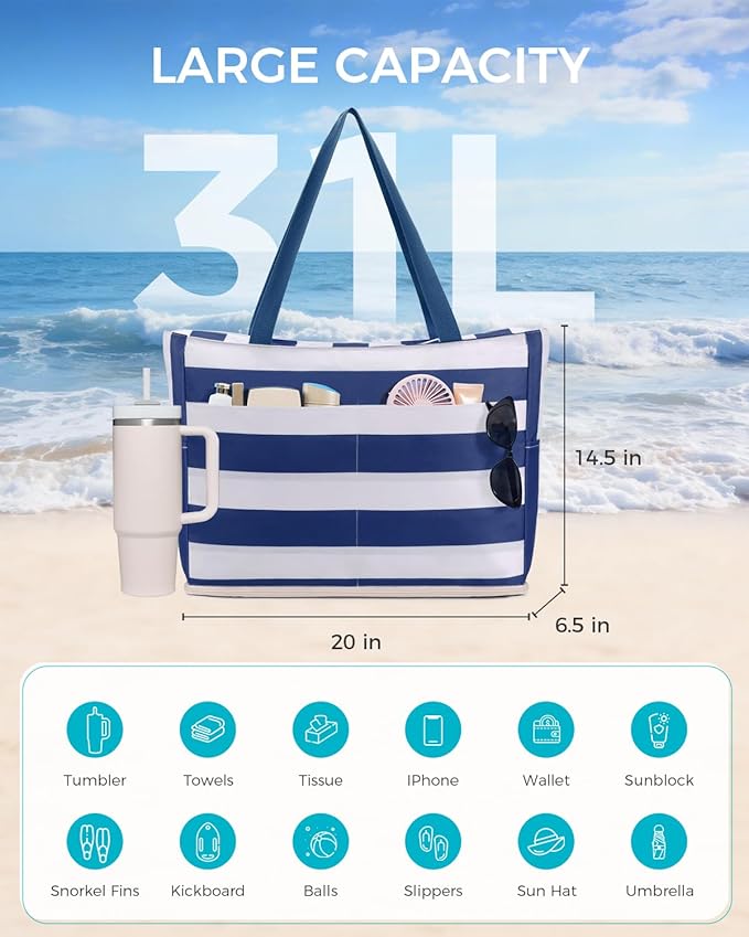 WANDF Beach Bags for Women, Large Waterproof Sandproof Beach Tote Bag with Zipper Family Pool Bags with 40oz Tumbler Pocket, Swim Cruise Vacation Essentials (Navy Blue) | 40oz Tumbler Pocket