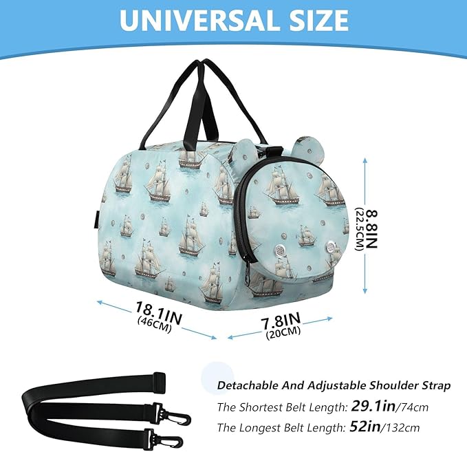 VIGTRO Nautical Ships Blue Water Kids Overnight Travel Duffel Bag Sport Gym Bag for Boys Girls with Shoe Compartment, Carry On Weekender Luggage Bag for Dance Swim Yoga