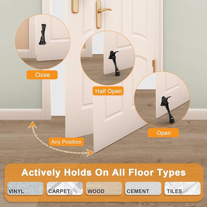 Kickdown Door Stopper 4 Inches - 2 Packs One Touch Adjustable Height Door Stop for The Bottom of Door Aluminum Alloy Metal Door Stopper with Rubber Tip & Wall Protectors for Wide Doors Black