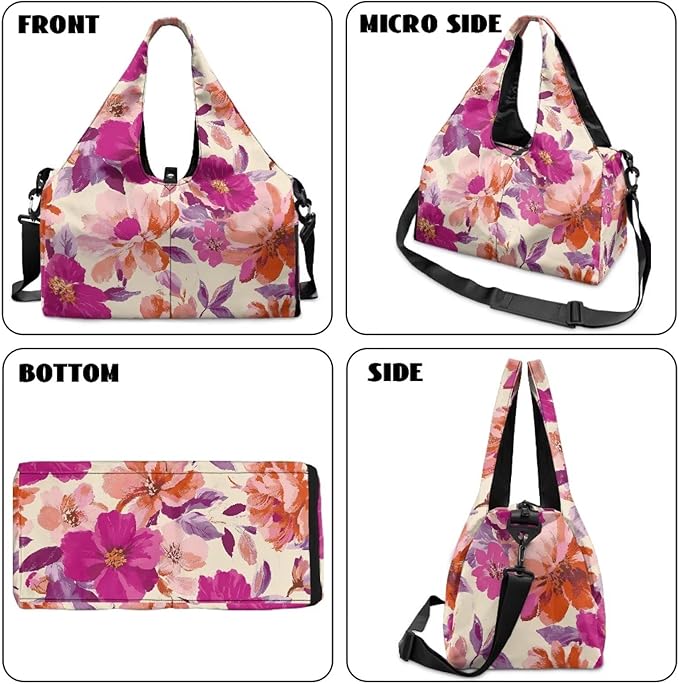 Vintage Floral Duffle Bag Women with Shoe Compartment and Yoga Mat Holder Pink Sports Duffel Bag with Wet Pockets for Women, Stylish Portable Fitness Sport Tote Bag