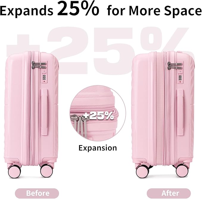 LARVENDER Carry On Luggage Set 22x14x9 Airline Approved, Expandable 20 Inch Carry-On Suitcases With Wheels, Lightweight Luggage Sets 3 Pieces With Backpack, Light Pink