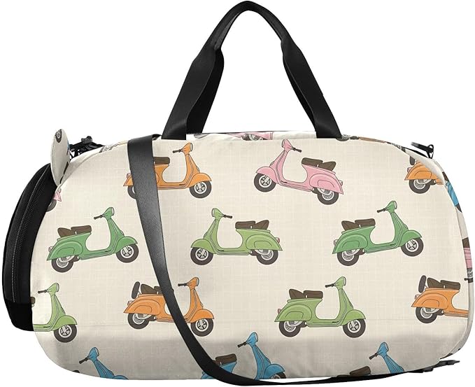 VIGTRO Colorful Scooters Beige Pattern Kids Overnight Travel Duffel Bag Sport Gym Bag for Boys Girls with Shoe Compartment, Carry On Weekender Luggage Bag for Dance Swim Yoga