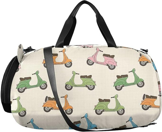 VIGTRO Colorful Scooters Beige Pattern Kids Overnight Travel Duffel Bag Sport Gym Bag for Boys Girls with Shoe Compartment, Carry On Weekender Luggage Bag for Dance Swim Yoga
