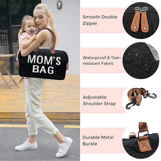 printe Mommy Diaper Bag Tote with 2 Organizers, Large Mom‘s Bag for Hospital & Travel Baby Diaper for Baby Care (Quilted Embroidery-Black)