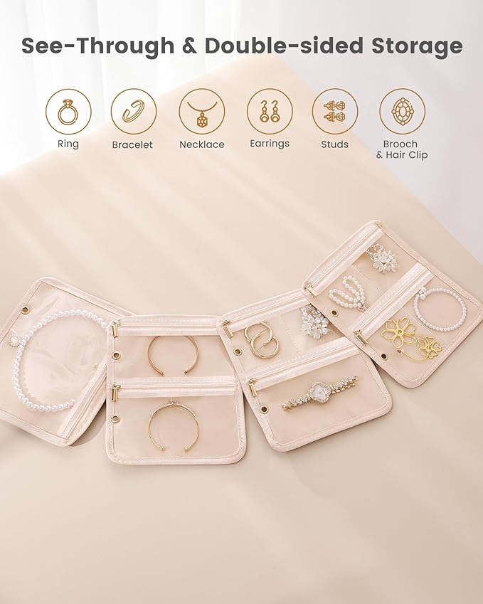 Lolalet Travel Jewelry Organizer Storage Bags, 4 Pcs Transparent Velvet Pouches with Compartments & Zippers for Jewelry Display of Earrings, Rings, Necklaces & Bracelets for Girls Women -Apricotpink