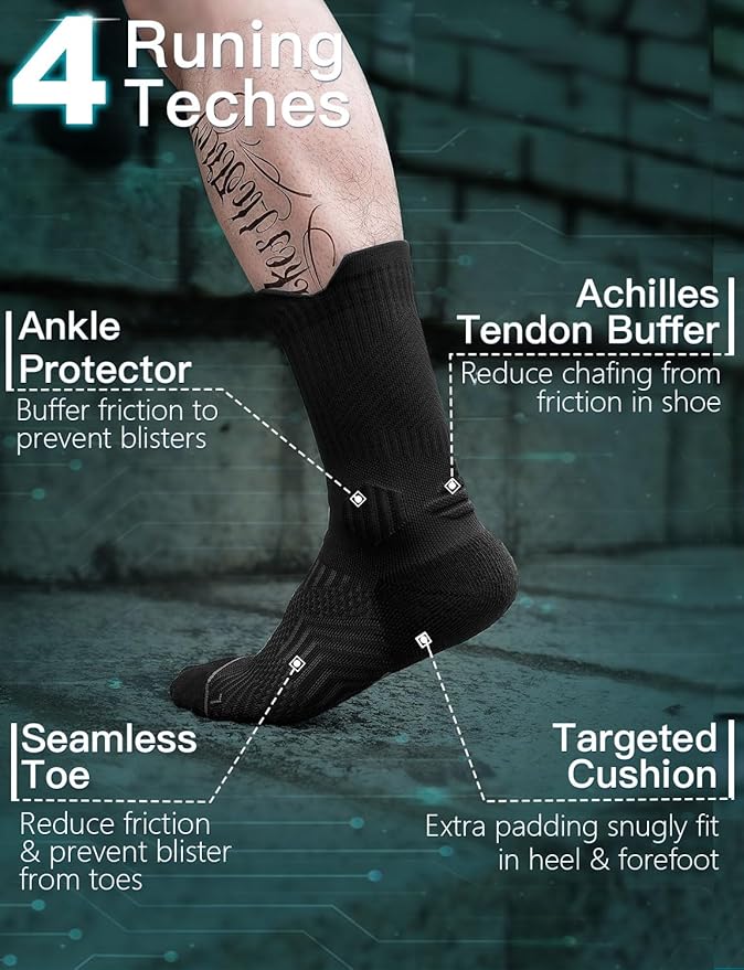 Compression Running Socks, Bamboo Viscose Coolmax Moisture-Wicking Anti-Blister Athletic Hiking Workout Gym Padded