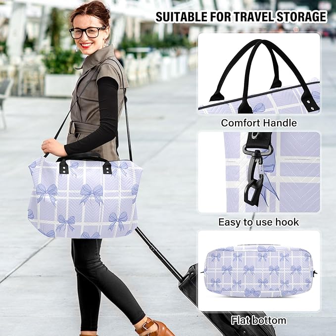Travel Duffle Bag, Grid Background Purple Bow Pattern Gym Bag with Storage Bag Weekender Overnight Bag for Men Women Trip Sports Yoga
