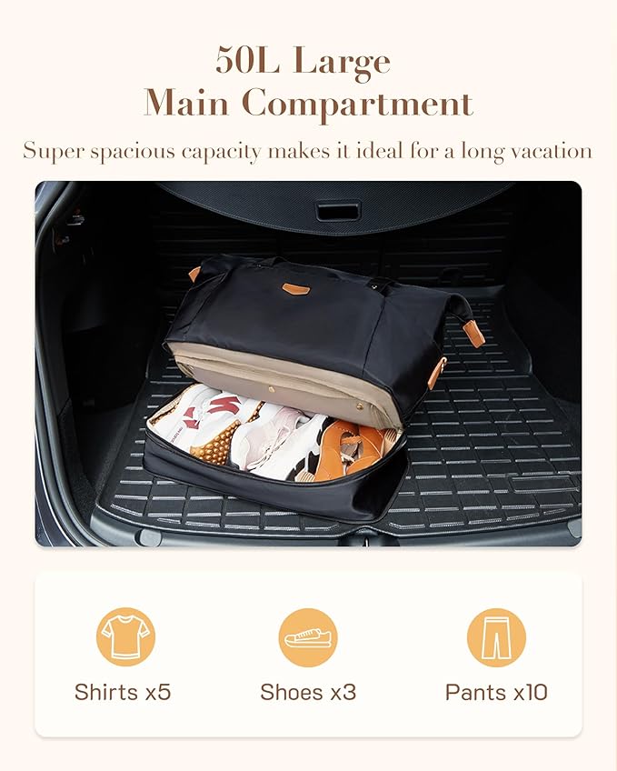 Missnine Weekender Bag for Women, Foldie Travel Bag Expandable with Shoes Compartment Travel Duffel 50L Carry on Overnight Gym