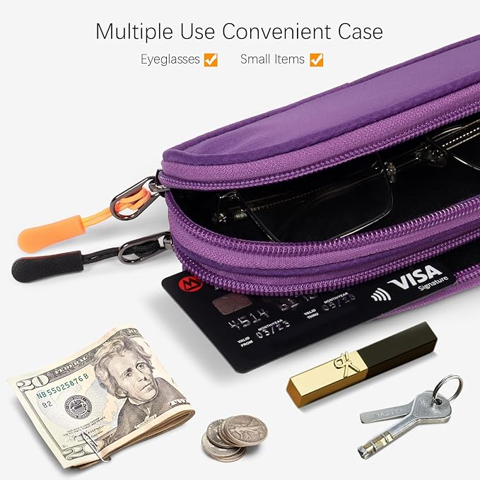 Double Eyeglasses Case Soft Portable Zipper Sunglasses Pouch with Keychain Clip for Men Women