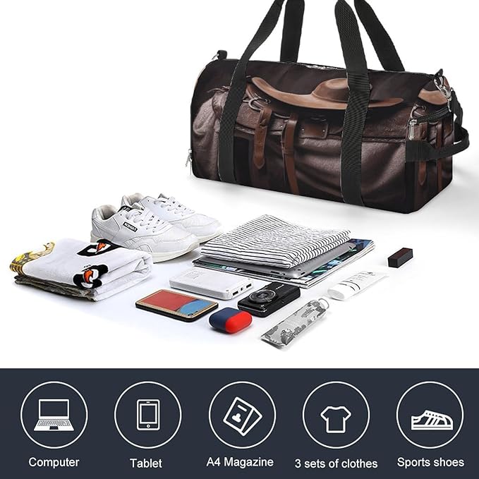 Oxford Cloth Horse Saddle with A Cowboy Hat Wild Gym Bag,Duffle Bag with Shoes Compartment And Adjustable Shoulder Straps，Weekender Bags for Men Women.