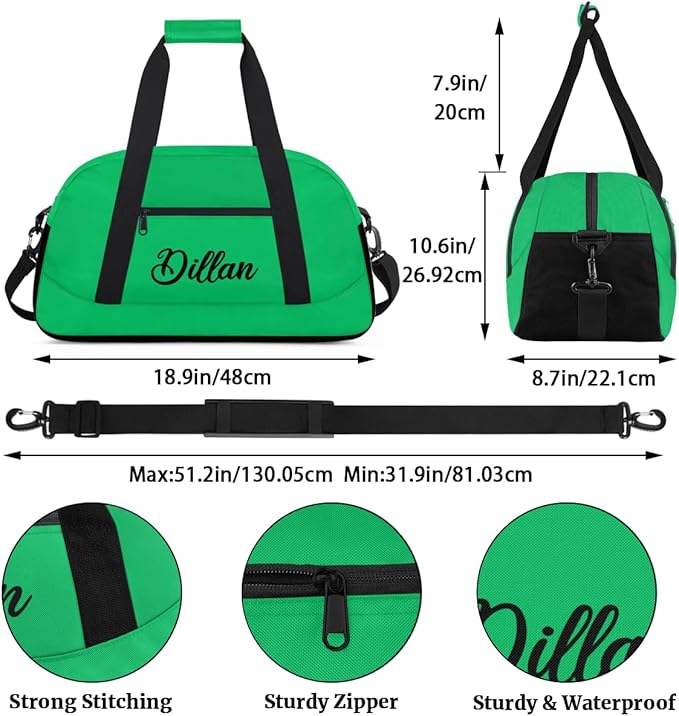 Custom Name Gym Duffel for Kids,Personalized Sports Bag Lightweight Gym Bags for Boys & Girls,Fitness Travel Weekender for Travel, and Workout Green