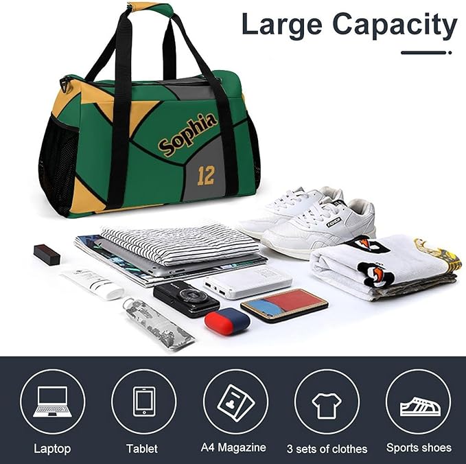 Custom Volleyball Gold Green Duffel Bag with Name Personalized Travel Bags Sport Gym Bag Carry On Weekender Bags for Men Women