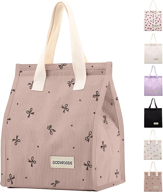 TELLUMO Corduroy Lunch Bag for Women Men Cute Lunch Bag Insulated Lunch Box with Large Capacity (7.5L) Reusable Lunchbag for Work, Picnic, Beach or Travel (S- Corduroy Pinkbow)