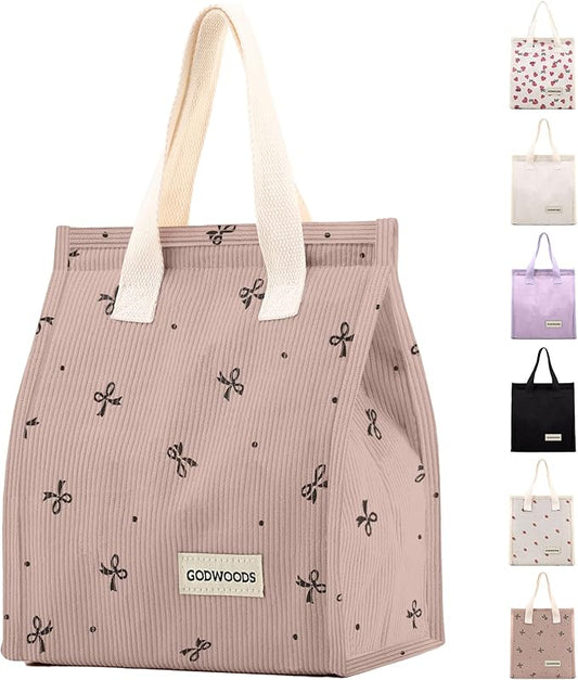 TELLUMO Corduroy Lunch Bag for Women Men Cute Lunch Bag Insulated Lunch Box with Large Capacity (7.5L) Reusable Lunchbag for Work, Picnic, Beach or Travel (S- Corduroy Pinkbow)
