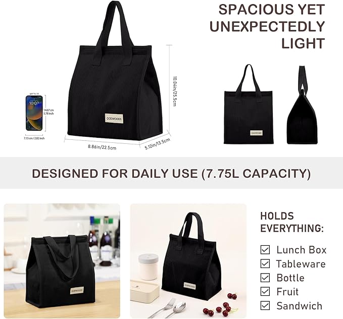TELLUMO Corduroy Lunch Bag for Women Men Cute Lunch Bag Insulated Lunch Box with Large Capacity (7.5L) Reusable Lunchbag for Work, Picnic, Beach or Travel (S- Corduroy Black)