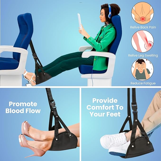 Foot Hammock for Plane or Travel Pillow - Airplane Foot Hammock and Plane Foot Rest - Ultimate Travel Accessories with Sleep Mask and Ear Plugs