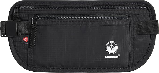 Travel Money Belt - Slim Passport Holder Secure Hidden Travel Pouch with RFID Blocking, Travel Wallet Fanny Pack Belt Bag - Black
