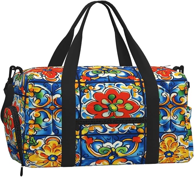Sports Gym Bag Mexican Talavera Tiles Ethnic Travel Duffel Bag With Shoe Compartment Shoulder Strap, Lightweight Water-Resistant Weekend Overnight Totes For Women Men