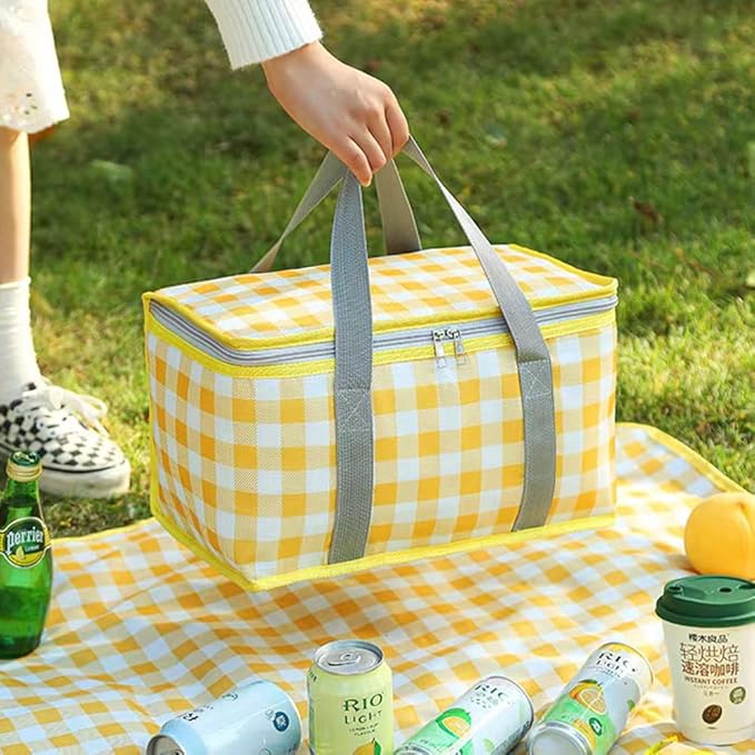 Insulated Picnic Bag Cooler Reusable, Beach Bag Cooler Bags with Zippered Top - Insulated Bag for Hot or Cold,Picnic Basket Collapsible, Picnic,Beach, Outdoor (13.8x7.9x7.9 in)