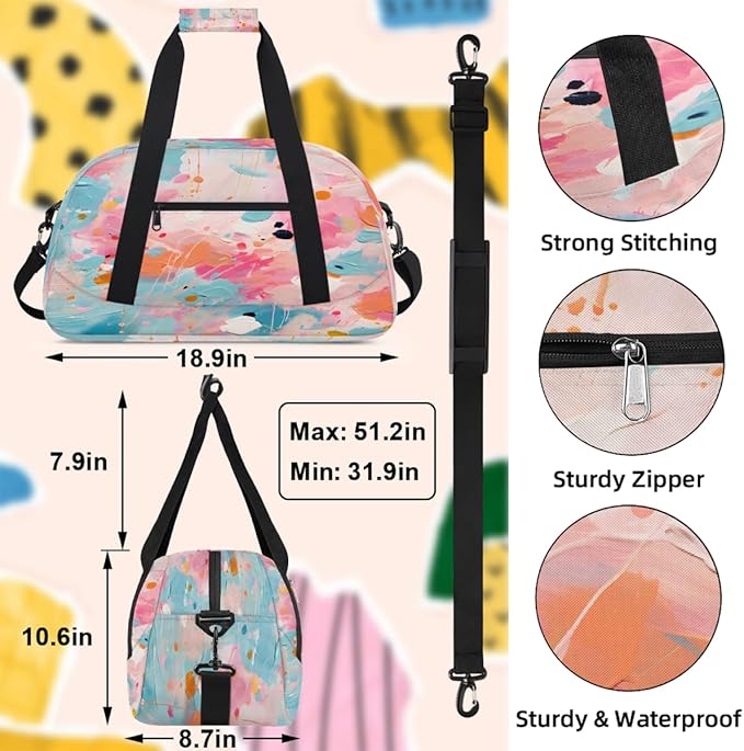 Travel Duffle Bag, Pink Orange Abstract Paint Splatter Waterproof Weekender Overnight Bags for Women Men Lightweight Carry on Duffle Gym Bag for Travel, Sports, Fitness, Workout