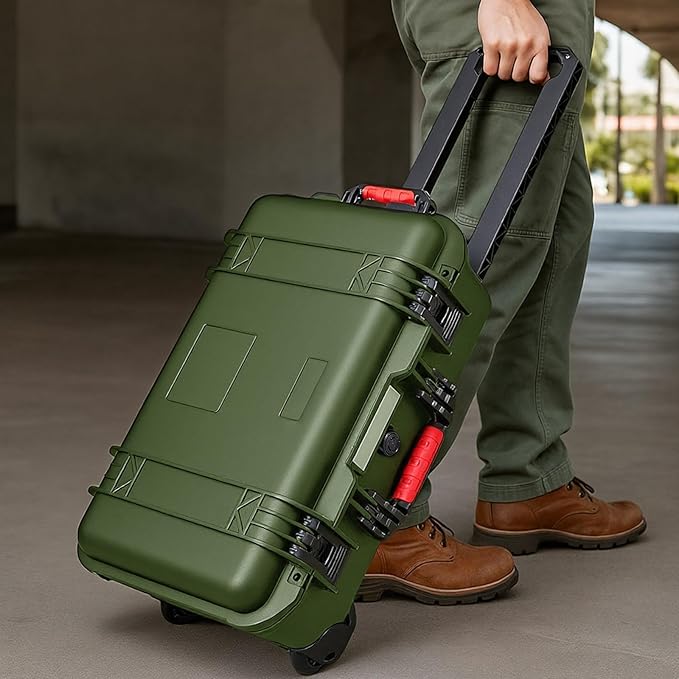 Waterproof Rolling Camera Hard Case 22x14x9 Inch, Impact-resistant Travel Case with Padded Dividers & Wheels for Cameras, Lenses & Accessories(Military Green)